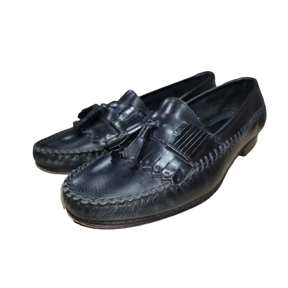 G. H. Bass Men's Black Tassel Kiltie Loafers Leather Slip On Shoes‎ Sz 9.5 M